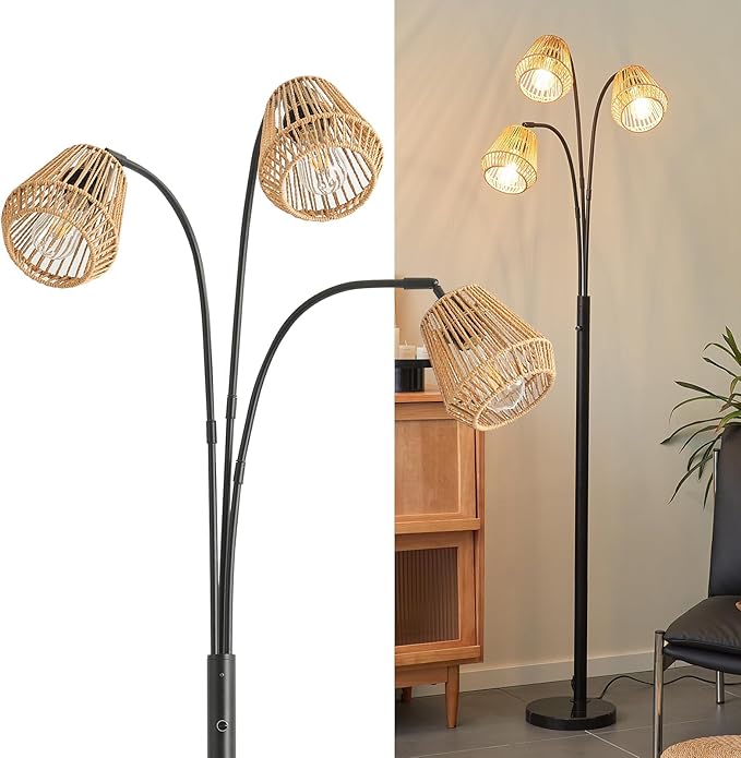 Rattan Floor Lamp for Living Room, 72 Inch Tall Boho Floor Lamp with Rotary Switch, 3 Light Arc lamp with Wicker Shade for Coastal,Bohemian,Rustic,Beach Tree,Farmhouse Standing Lamp