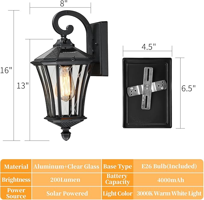 YSN 16" Solar Wall Lights Outdoor, Dusk to Dawn Exterior Lighting Fixtures, Black Solar Porch Lights Outdoor Sconce Lights, Waterproof Outside Light for House Porch Garage Yard, 1 Pack