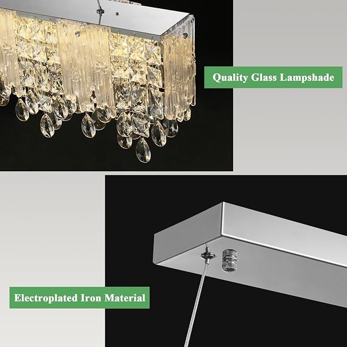 Crystal Linear Chandelier,Modern Rectangular Pendant Light, Glass Chandeliers Elegant Long Bar Hanging Light Fixture for Dining Room, Kitchen Island, Living Room