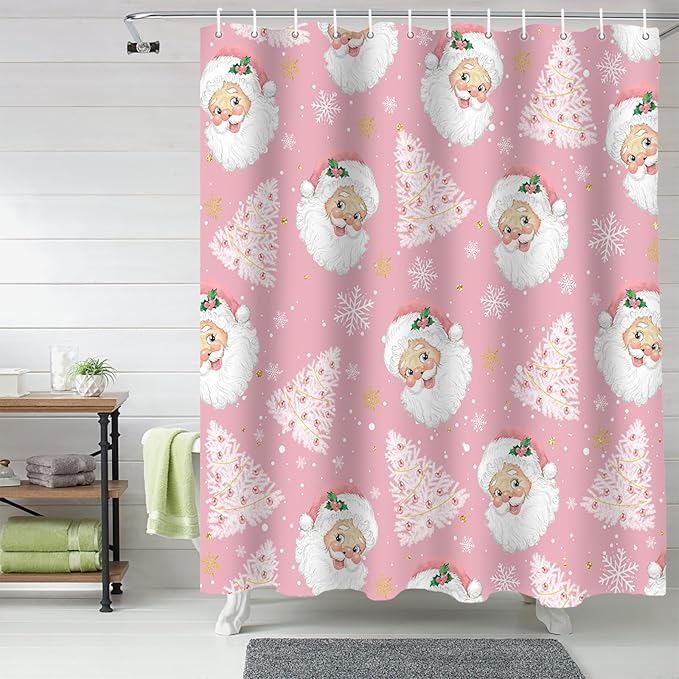 Pink Christmas Shower Curtain, Santa Claus Merry Christmas Tree Shower Curtains Set with Hooks, Winter Snowflake Waterproof Fabric Bathroom Curtains Decor Home Accessories,72 X 84 Inch Extra Long