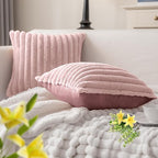 MOSAYT Spring Faux Fur Throw Pillow Covers 22x22, Set of 2, Plush Velvet Soft Pillow Case,Fluffy Striped Decorative Couch Pillow Covers for Sofa, Bedroom, Living Room(Pink)
