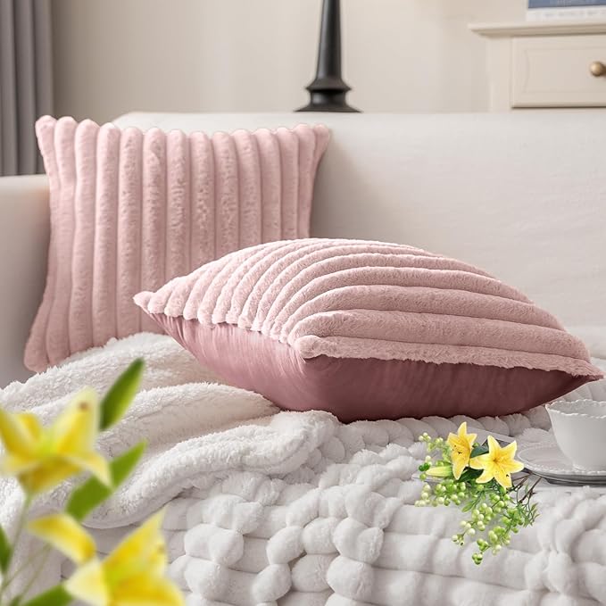 MOSAYT Spring Faux Fur Throw Pillow Covers 16x16, Set of 2, Plush Velvet Soft Pillow Case,Fluffy Striped Decorative Couch Pillow Covers for Sofa, Bedroom, Living Room(Pink)
