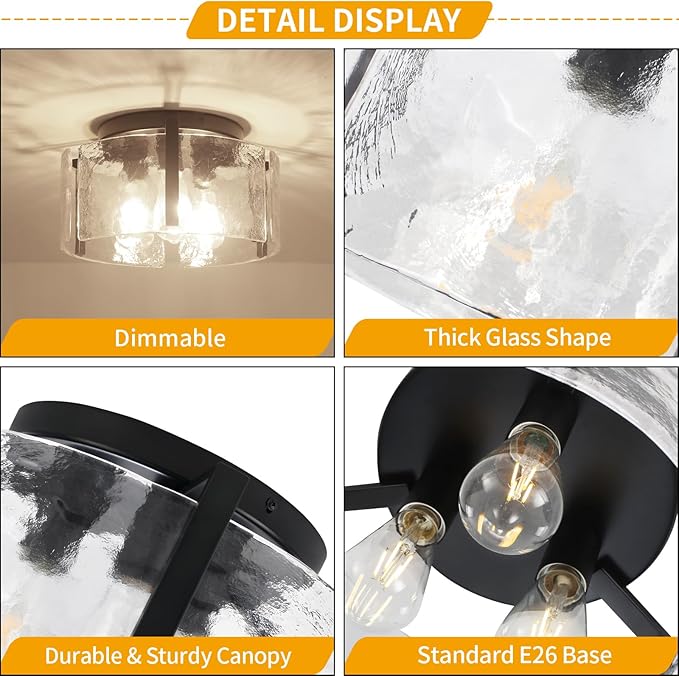 15'' Modern Black Semi Flush Mount Ceiling Light, Hallway Light Fixtures, 3-Light Glass Ceiling Lights for Entryway Kitchen Island Dining Room Foyer Bedroom Laundry Lighting Fixtures, UL-Listed
