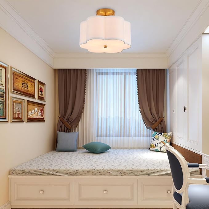 Modern Semi Flush Mount Ceiling Light Modern Gold 3-Lights Drum Ceiling Lighting Fixture Vintage Linen Golden Ceiling Lamp for Laundry Room, Kitchen, Basement, Dining Room, Bedroom