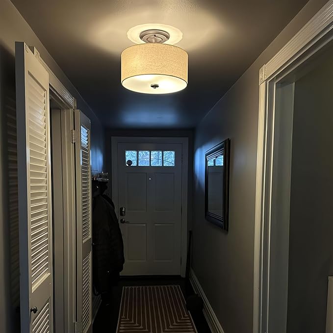 Kira Home Addison 13" 2-Light Semi-Flush Mount Ceiling Light Fixture with Off-White Fabric Drum Shade, Brushed Nickel Finish