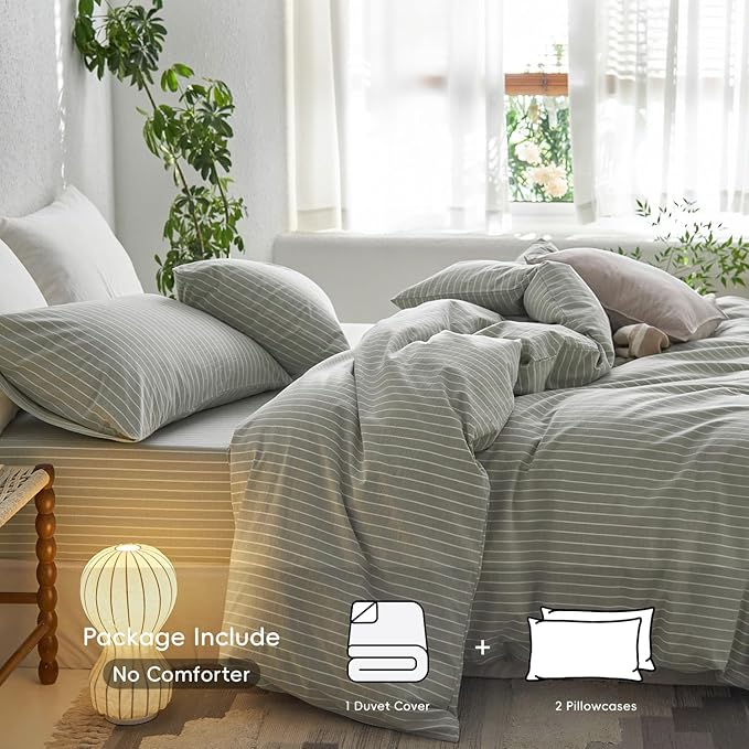 MooMee Striped Duvet Cover Set 100% Washed Cotton Linen Like Textured Breathable Durable Soft Comfy (Sage Green White Wide Stripes, Cal King 104"x98")