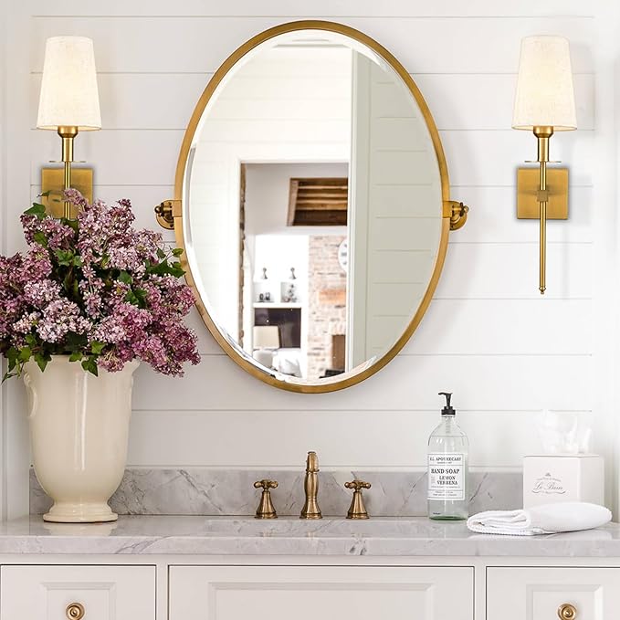Gold Wall Sconces Set of Two Plug in Sconce Light Modern Brass Sconces Wall Lighting with Fabric Shade Wall Lamps for Bedroom Hallway Bathroom Living Room