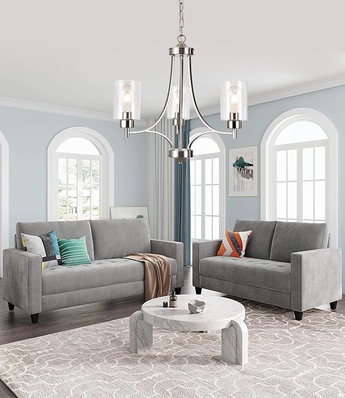 BOZO 3 Light Modern Chandelier Brushed Nickel Pendant Lighting Clear Glass Shades Contemporary Ceiling Light Fixtures for Dining Room Kitchen Living Room