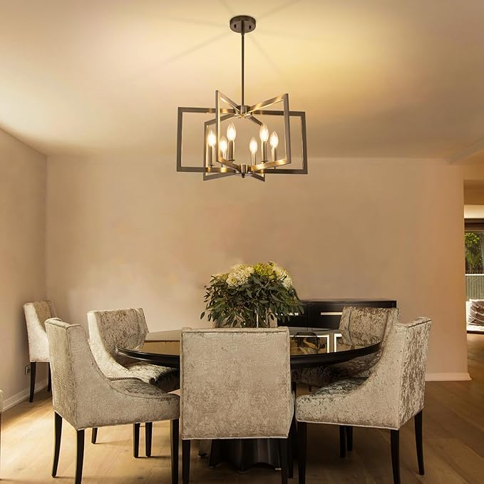 Dining Room Light Fixture, 6-Light Brushed Nickel Chandelier Modern Metal Industrial Chandelier Lighting for Farmhouse Living Room Kitchen Entryway (Nickel, E12 Bulbs Not Included)