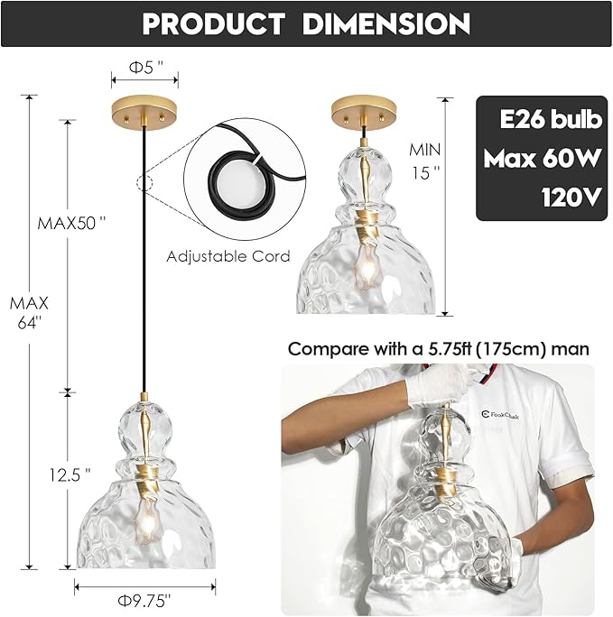 Hammered Glass Pendant Light, Pendant Lights Kitchen Island, Brushed Brass Kitchen Island Light Large 10 inch Gold Glass Ceiling Pendant Lights Over Sink for Hallway Entrance