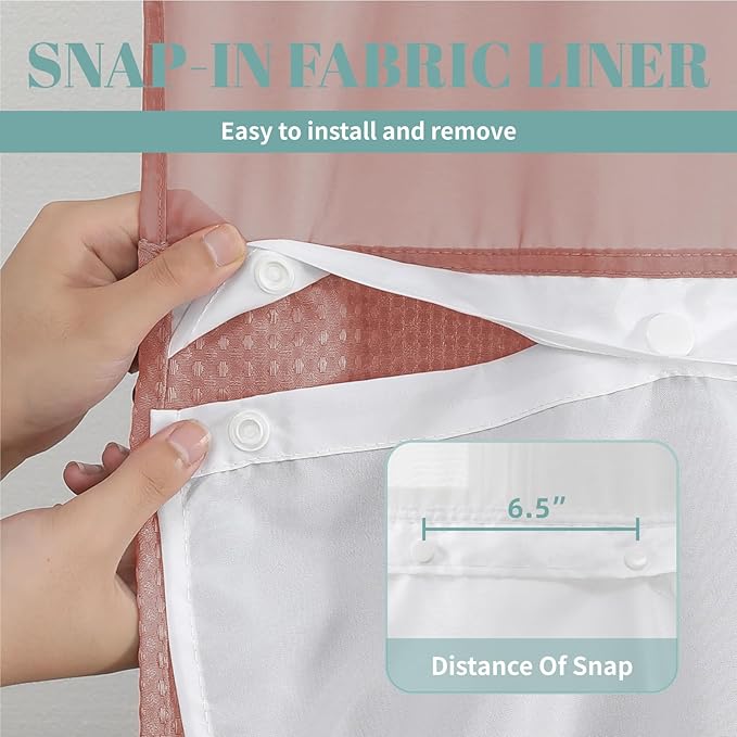 Coral No Hook Waffle Weave Shower Curtain with snap-in Liner Replacement, 230GSM Waterproof Fabric Hotel Shower Curtain Set for Bathroom, Through Mesh Top Window,71Wx77H