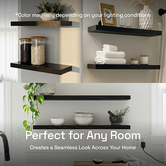 BAOBAB WORKSHOP Solid Wood Floating Shelves for Wall 12 Inch Wide, Small Wooden Shelves for Room Wall Black, 12 in Bathroom Shelves Kitchen Bedroom Rustic Farmhouse, Black Shelf, 12W x 6.7D, Set of 2