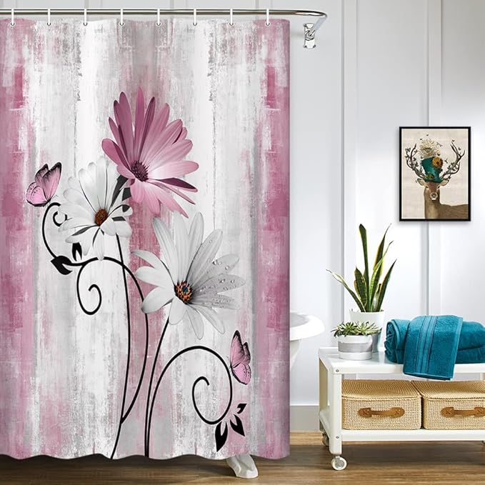 Rustic Farmhouse Shower Curtain, Farm Pink Daisy Floral Flowers and Butterfly on Country Wooden Shower Curtain for Bathroom, Pink Grey Bathroom Shower Curtains with 6PCS Hooks, 36X70IN