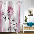 Rustic Farmhouse Shower Curtain, Farm Pink Daisy Floral Flowers and Butterfly on Country Wooden Shower Curtain for Bathroom, Pink Grey Bathroom Shower Curtains with 6PCS Hooks, 36X70IN