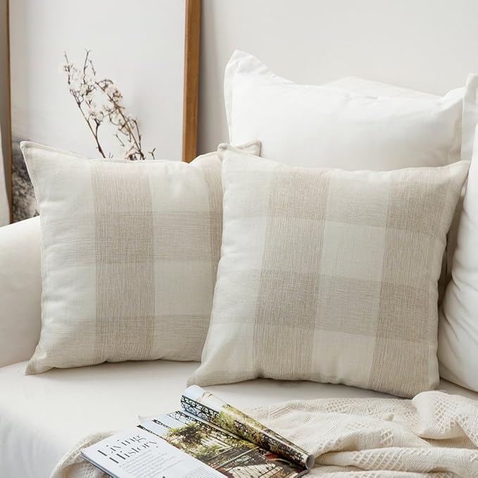 MIULEE Pack of 2 Farmhouse Buffalo Check Plaids Polyester Linen Soft Soild Decorative Square Throw Pillow Covers Outdoor Home Decor Cushion Case for Sofa Bedroom 18x18 Inch Cream White and White