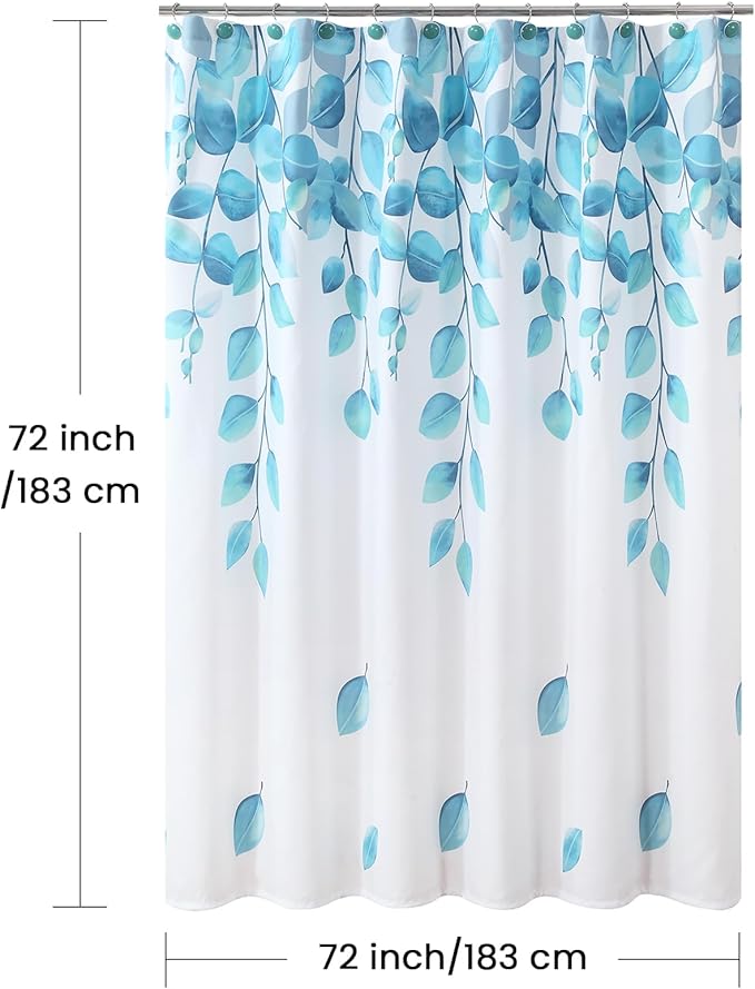 Fabric Shower Curtain, Blue Watercolor Eucalyptus Leaves Shower Curtain for Bathroom, 72" W x 72" H