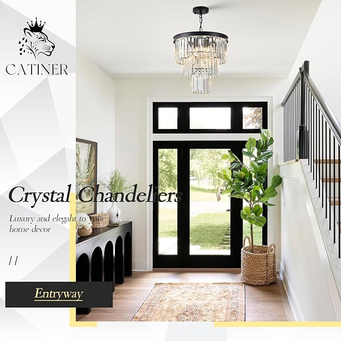 Modern Crystal Chandeliers 16" Small Black Pendant Light Luxury 3 Tiers K9 Crystal Ceiling Pendant Round Light Fixture 6-Light for Dining Room Entryway Kitchen Bedroom Closet