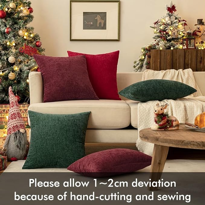 MIULEE Pack of 2 Christmas Green Throw Pillow Covers 16x16 Inch Soft Chenille Pillow Covers for Sofa Living Room Couch Solid Dyed Cases