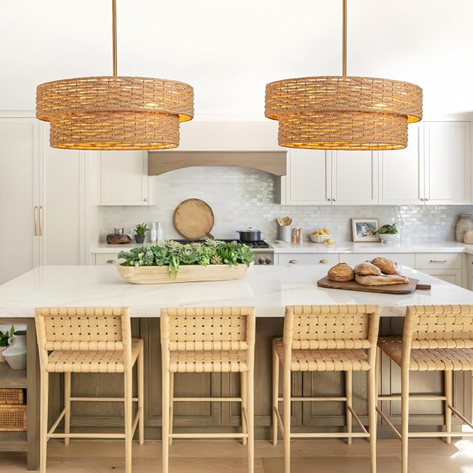 22.8in Woven Rattan Lighting Fixture, Large Boho Coastal Pendant Lights, 2-Tier Rope Chandelier with Fabric Shade for Kitchen Island, Dining Room, Bedroom, Restaurant, Hallway