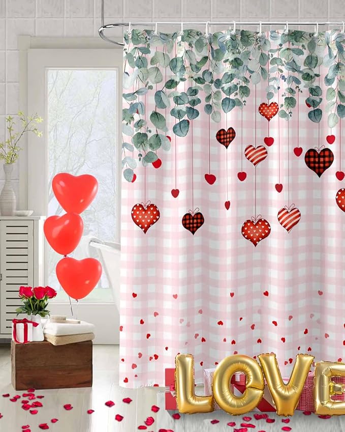 Eucalyptus Love Hearts Valentine's Day Shower Curtain, Pink Buffalo Plaid Shower Curtains Set with Hooks, Waterproof Fabric Bathroom Curtains Decor Home Accessories, Stall Long 36 X 78 Inch