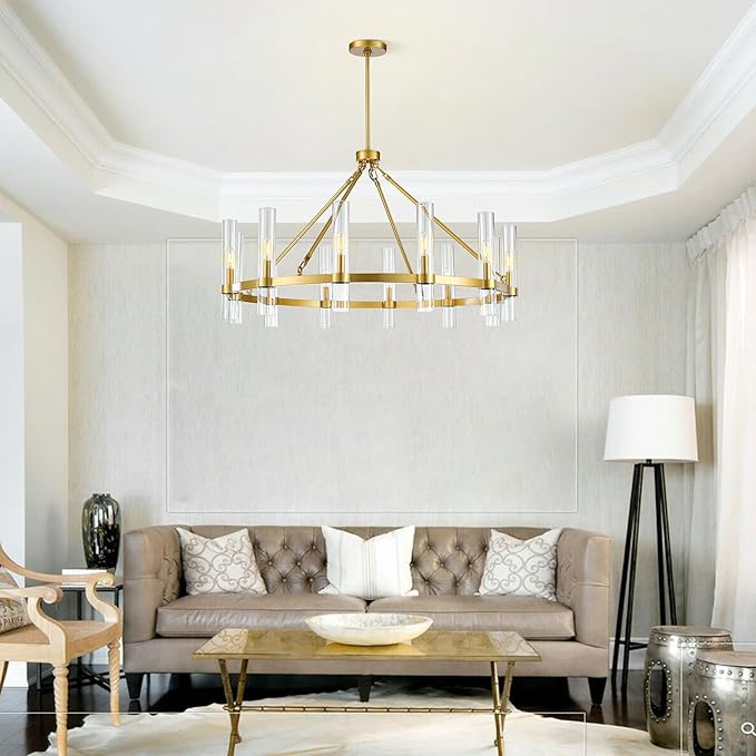 Untrammelife 12-Light Gold Chandelier with Clear Glass, 36” Large Wagon Wheel Chandelier Farmhouse Dining Room Light Fixture Modern Round Chandeliers for Dining Room Foyer