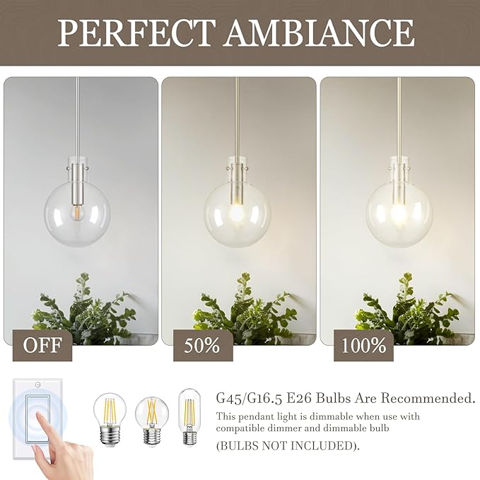 Brushed Nickel Pendant Lights Kitchen Island, 1-Light 8" Large Globe Glass Hanging Light Fixtures with Clear Glass, Modern Kitchen Pendant Lighting Over Island for Sink Bathroom, OS-JJ528-1PBN