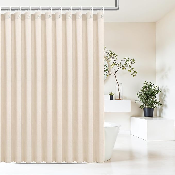 Extra Long Natural Linen Textured Shower Curtain Set with Hooks, Beige Boho Farmhouse Bath Shower Curtains for Bathroom Neutral Cloth, Hotel Luxury, Weighted, 72W x 96L, Cream