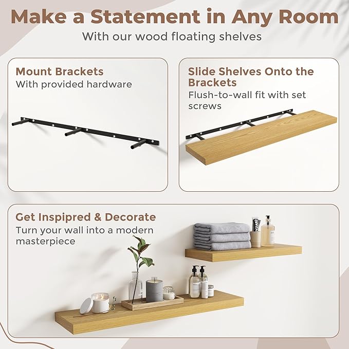 Floating Shelves for Wall with Invisible Brackets, Wall Mounted Engineered Wood Shelves with Wood Grain for Living Room, Bedroom, Bathroom, Kitchen Decor and Storage, Oak, 48"L Set of 2, Oak