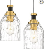 zeyu 2 Pack Modern Kitchen Pendant Lighting Over Island, Hanging Light Fixture for Dining Room, Water Ripple Glass Shade, Black and Gold Finish, ZG33M1L-2L BK+BG-WG