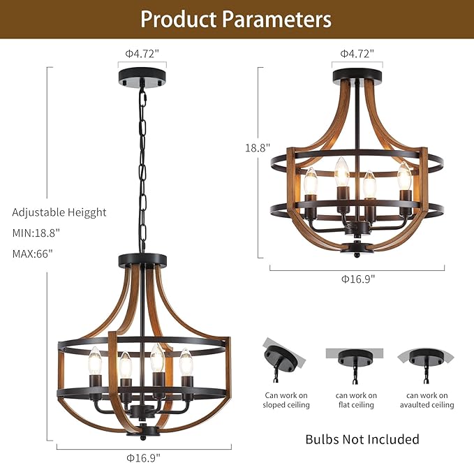 Farmhouse Chandelier for Dining Room 16.9" Wooden Chandelier 4-Light Rustic Candle Chandeliers Modern Faux Wood Vintage Chandeliers Light Fixture for Kitchen Foyer Hallway Entryway Bedroom