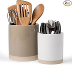 famiware Milkyway Kitchen Utensil Holder for Countertop, Ceramic Cooking Utensil Crocks for Kitchen Counter, Utensil Organizer for Spatula & Spoon, Set of 2, Cinnamon Brown and White