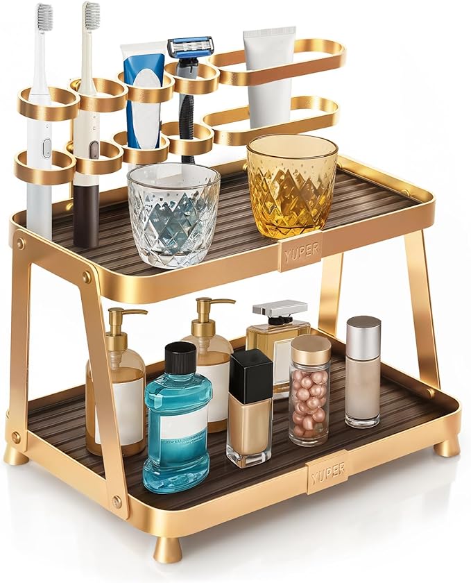 YUPER Bathroom Countertop Organizer, 2-Tier Vanity Organizer With Makeup Brush Holder, Large Countertop Tray for Skincare, Perfume, Cosmetics, Bathroom Sink Organizer Countertop