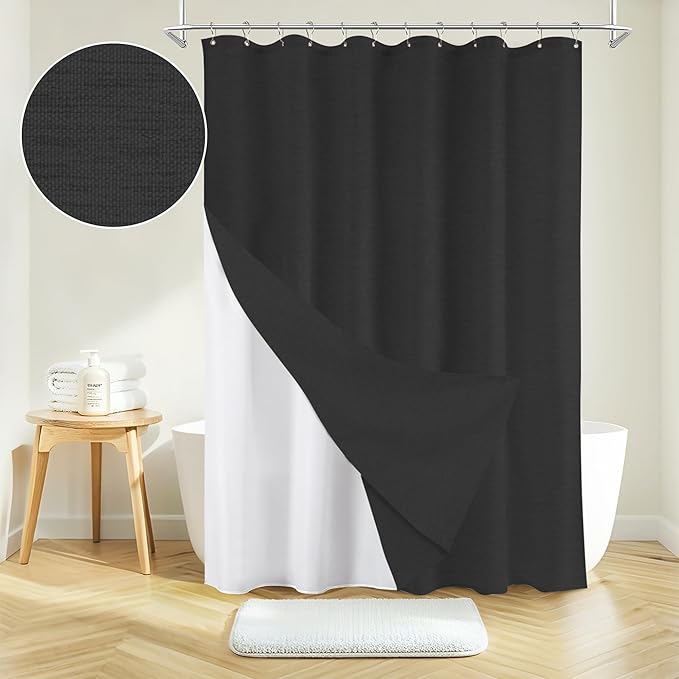 Inhousolu Boho Farmhouse Shower Curtain with Fabric Liner Set, Faux Linen Textured, 14 Metal Hooks Luxury Weighted Hem, Washable Wrinkle Free Bath Curtain for Hotel Bathroom 72" W x 84" L Black