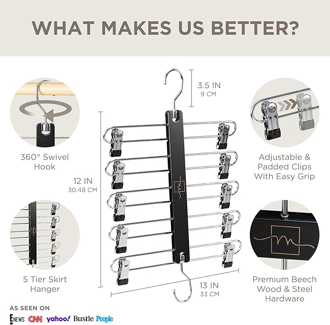 MORALVE Skirt Hangers Space Saving with Clips - 2 Pack - European Beechwood 5-Tier Hanger for Shorts, Skirts, and Pants - Closet Organizer and Storage Solution for Women with 360° Swivel Hook