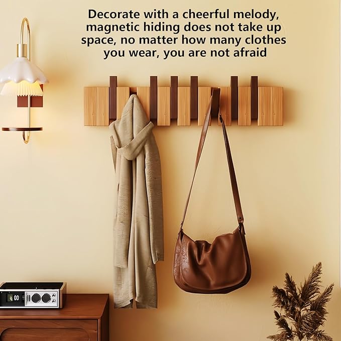 Wall Mounted Piano Key Hanger | Flip Style Hook | Entrance Wall Art Hook, Made of Oak Wood (3 Times Painted, 4 Times Polished) (Walnut-Beech, 12Hooks)