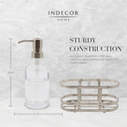 3 Piece Round Heavy Weight Glass Soap Lotion Pump Dispenser Set with Metal Caddy for Home Bath Kitchen Travel Office Hand Crafted Metal Tray Nickel