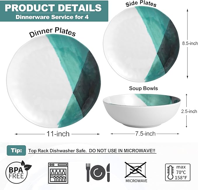 Melamine Plates and Bowls Set - 12pcs Dinnerware Dishes Set for 4, Dinner Plates for Indoor and Outdoor Use, Lightweight Break-resistant, Green & White