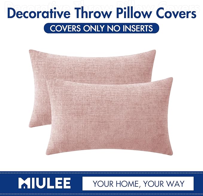MIULEE Pack of 2 Couch Valentines Throw Pillow Covers 12x20 Inch Soft Spring Pink Chenille Pillow Covers for Sofa Living Room Solid Dyed Pillow Cases