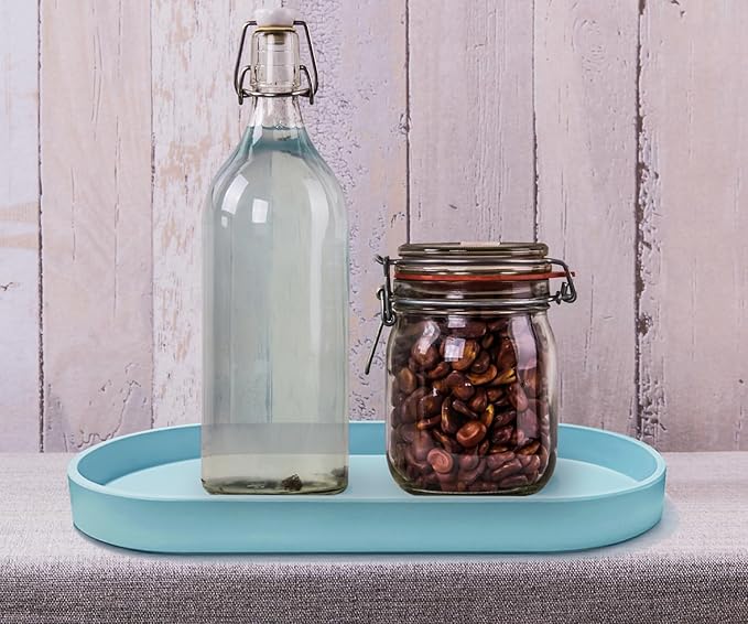 Blue Small Tray (11.8 inch), Oval Tray for Kitchen Counter, Bathtub Bathroom Vanity Items, Countertop Organizer, Coffee Accessory, Bar, Serving Seasoning, Salt and Pepper, Soap, Perfume.