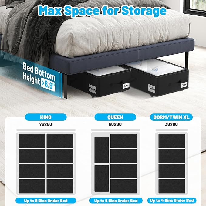 2 Pack Under Bed Storage with Wheels 6.7" Height, Rolling Storage Bins XL 50L, Underbed Shoe Storage Containers with Label & Clear Lid, Dorm Under bed Drawers for Clothes, Shoes, Quick Assembly, Black