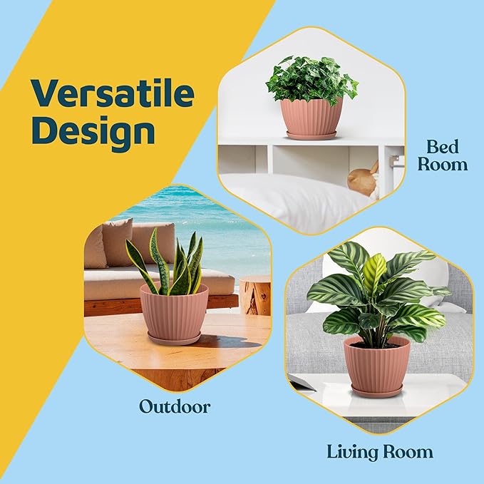 Pink 6-Inch Plant Pots with Drainage & Saucers 3 Pack, Indoor & Outdoor Planters for Houseplants, Herbs, and Flowers, Durable & Weatherproof Material, Stackable, Lightweight, Minimalist Design