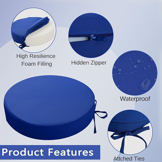 idee-home Outdoor Bistro Chair Cushions, 15”x15”x 3” Thick Outdoor Round Seat Cushions Set of 2 with Ties, Waterproof Round Patio Furniture for Garden