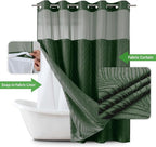 No Hook Shower Curtain and Liner Set,No Hook Tufted Striped Textured Shower Curtain with Snap in Liner Replacement and Waterproof Fabric,Boho Style with See Through Top Window,DarkGreen,71Wx77H