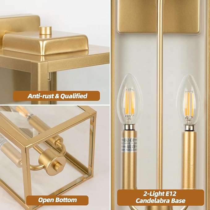 Gold 2-Light Large Outdoor Wall Lighting 16", Candle Light Square Outdoor Light Fixture IP65 Waterproof with Clear Tempered Glass Porch & Patio Light Brass Exterior Wall Sconce Lantern E12