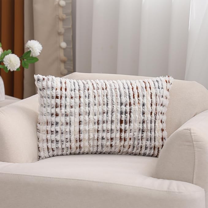 LUOYEHK Boho Throw Pillow Covers 12x20 Inch Set of 2 Farmhouse Neutral Pillow Covers Chenille Tufted Pillowcase for Couch Sofa Bed Living Room, Brown White