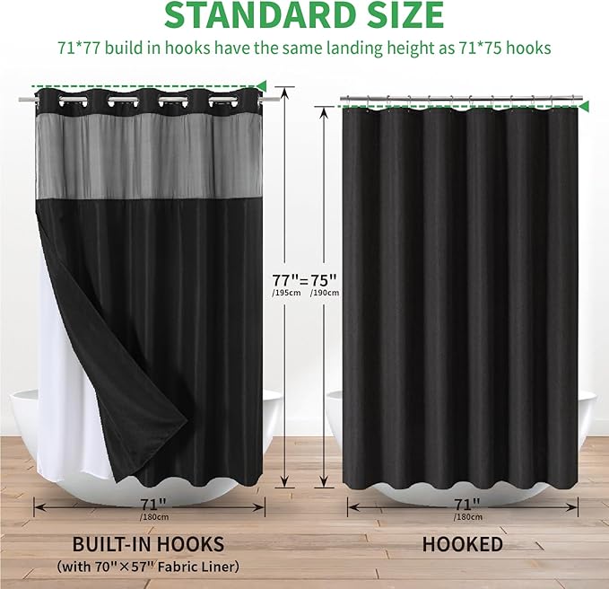 No Hooks Needed Linen Textured Shower Curtain with Snap-in Fabric Liner Set,Black Hotel Luxury Decor Shower Curtains for Bathroom,Waterproof & Washable,71Wx77H