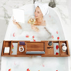 Teak Bathtub Tray, Wooden Bath Tub Tray Expandable Teak Bath Caddy with Book and Wine Glass Holder