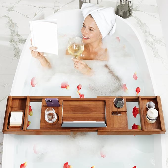 Teak Bathtub Tray, Wooden Bath Tub Tray Expandable Teak Bath Caddy with Book and Wine Glass Holder