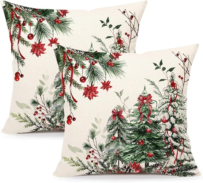 4TH Emotion Christmas Trees Pillow Covers 18x18 Inch Set of 2, Xmas Farmhouse Decorations Winter Holiday Decor Throw Cushion Case for Home Couch S24C37