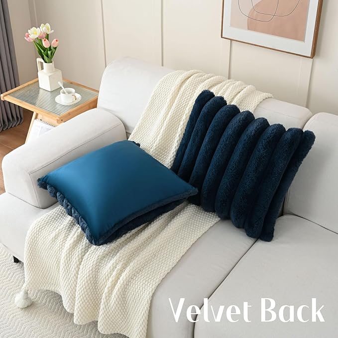 FUTEI Navy Blue Decorative Throw Pillow Covers 22x22 Inch Set of 2, Square Soft Faux Rabbit Fur Big Striped Cushion Cover,Home Decor for Couch Sofa Bed Living Room